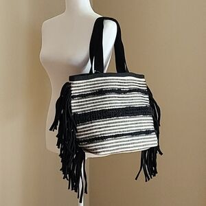 H&M Fringe Shopper Jacquard-Weave Bohemian Black Patterned Tote Bag